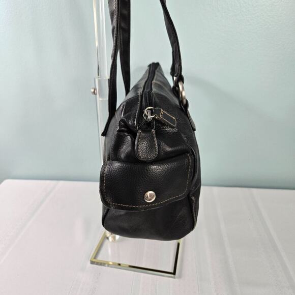 Black Leather Pebble Grain Double Shoulder Strap Purse with Zipper Closure - Picture 5 of 14